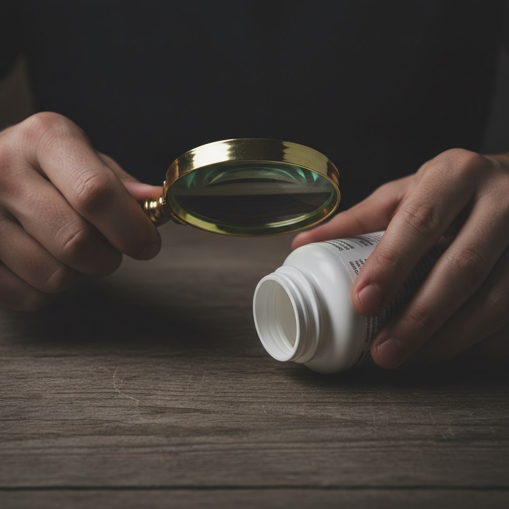 Hands inspecting a tablet supplement label closely with a magnifying glass